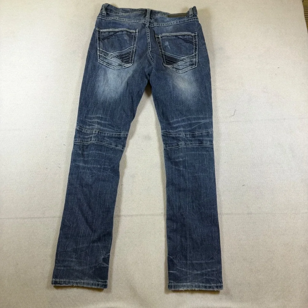 BKE Alec Straight Leg Moto Distressed Blue Jeans Mens 28R Ribbed Knee Biker